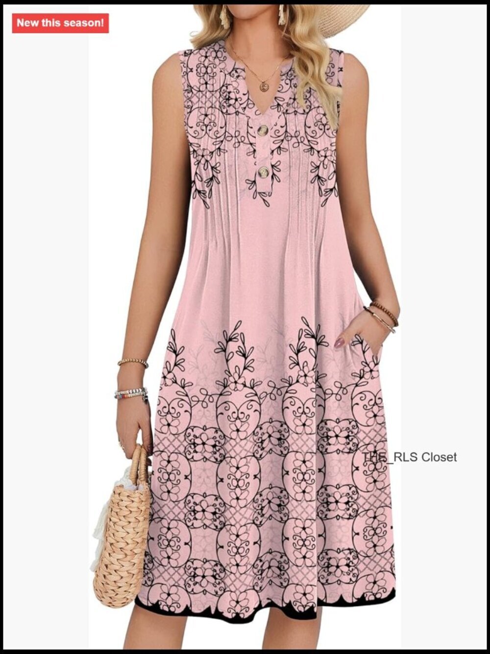 Sleeveless Midi Sundress with Pockets V Neck Buttons Pleated A Line